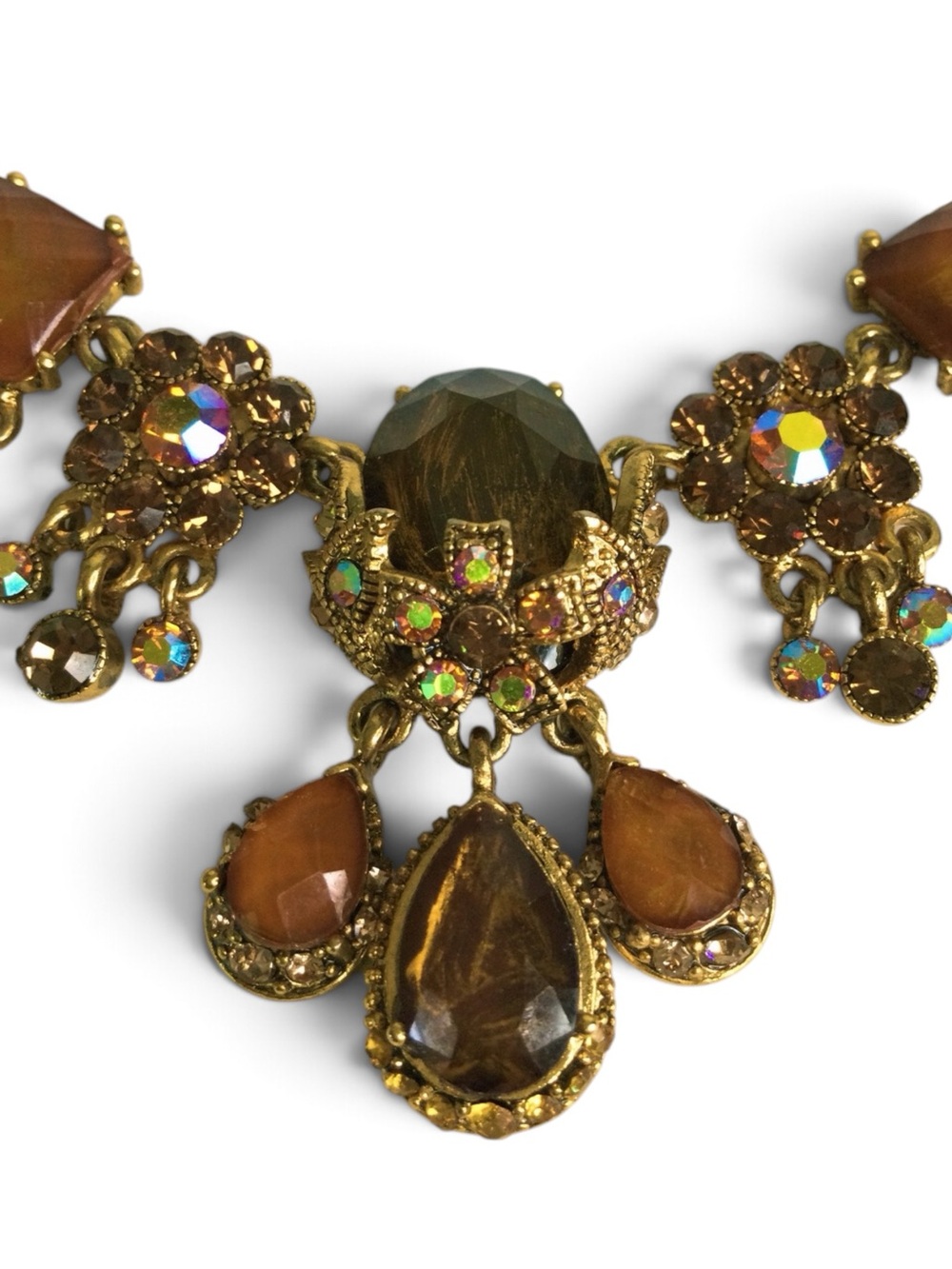 Amber & Aurora Borealis Crystal Statement Bib Necklace - Picture 12 of 15